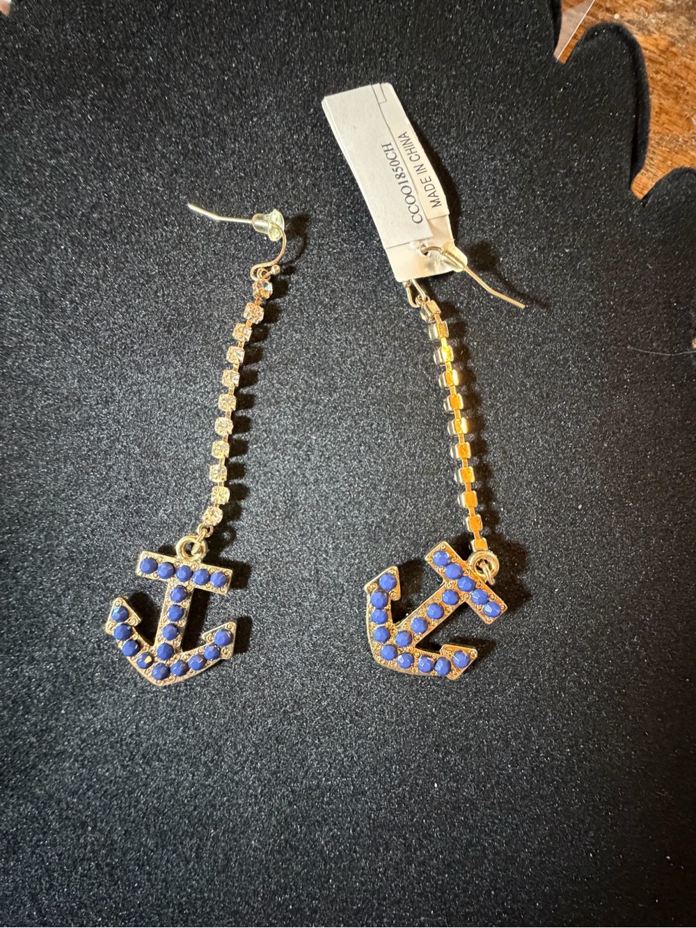 Gold Anchor Drop Earrings with Blue Stones